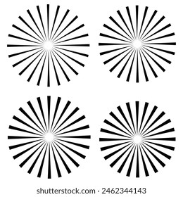 Sunburst icon in liner style. Burst symbol vector collection. Radial sun burst. Black-white round sunburst icons. Starburst circles. Vector illustration. Eps file 230.