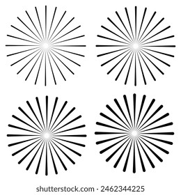 Sunburst icon in liner style. Burst symbol vector collection. Radial sun burst. Black-white round sunburst icons. Starburst circles. Vector illustration. Eps file 229.