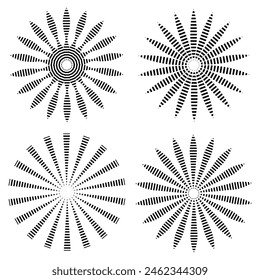 Sunburst icon in liner style. Burst symbol vector collection. Radial sun burst. Black-white round sunburst icons. Starburst circles. Vector illustration. Eps file 227.