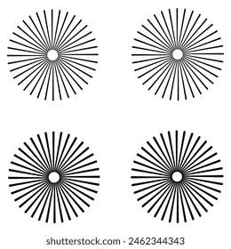 Sunburst icon in liner style. Burst symbol vector collection. Radial sun burst. Black-white round sunburst icons. Starburst circles. Vector illustration. Eps file 224.