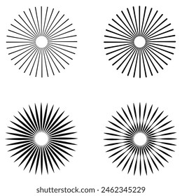 Sunburst icon in liner style. Burst symbol vector collection. Radial sun burst. Black-white round sunburst icons. Starburst circles. Vector illustration. Eps file 216.