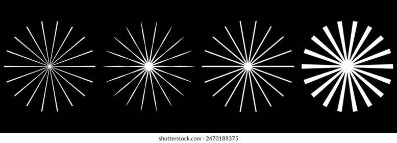 Sunburst icon in liner style. Burst symbol vector collection. Radial sun burst. Black-white round sunburst icons. Starburst circles. Vector illustration.