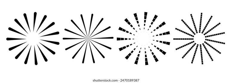 Sunburst icon in liner style. Burst symbol vector collection. Radial sun burst. Black-white round sunburst icons. Starburst circles. Vector illustration.
