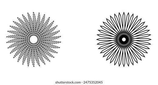 Sunburst icon in liner style. Burst symbol vector collection. Radial sun burst. Black-white round sunburst icons. Vector illustration. Eps file 187.