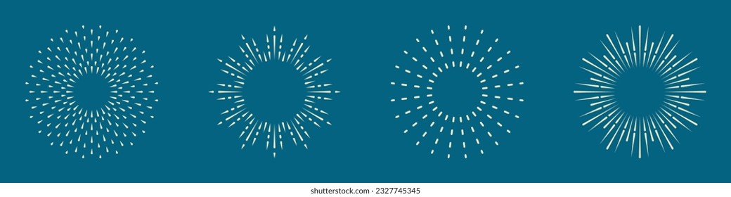 Sunburst Icon Set. Abstract Starburst. Vintage Decoration. Radial Light Pictogram. Sunbeam, Round Ray, Firework, Sparkle Sunrise Symbol Collection. Circle Sun Burst. Isolated Vector Illustration.