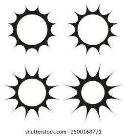 Sunburst-Symbolsatz. Fette schwarze Formen. Sonnenstrahlen ausstrahlen. Vektorgrafik.