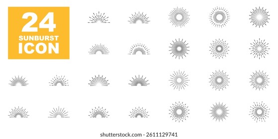 Sunburst icon set. Light rays collection. Vintage sunburst. Explosion, firework, sparks, star light, sun rays. Elements for logotype, emblem, banner or lettering. Vector illustration.