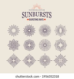 Sunburst icon set. Retro hand drawn sparkle. Geometric sun beams in different forms. Bursting rays design elements. Star shining form of lines