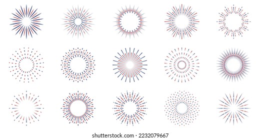 Sunburst Icon Set. Sun Burst Radial Light Pictogram. Circle Abstract Sparkle of Starburst Emblem. Round Vintage Sunshine Symbol. Retro Sunbeam, Star Blast. Isolated Vector Illustration.
