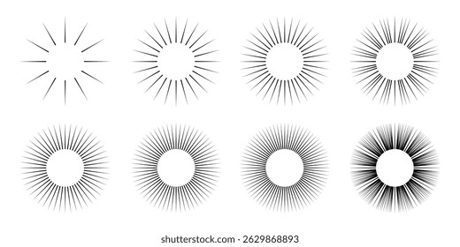 Sunburst Icon Set. Sun Rays Emblem. Circle Frame Line Rays. Sun Burst Lines. Starburst Icon. Vector Logo
