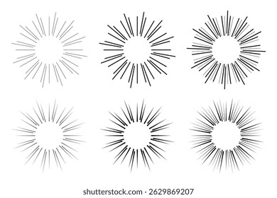 Sunburst Icon Set. Sun Rays Emblem. Circle Frame Line Rays. Sun Burst Lines. Starburst Icon. Vector Logo
