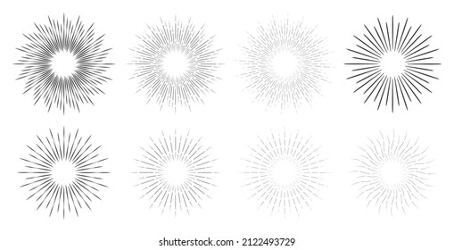 Sunburst icon set. Vintage sun burst line. Explosion, firework, sparks, star light, rays sunset. Elements for logo, tag, emblem, banner. Vector illustration image. Isolated on white background.