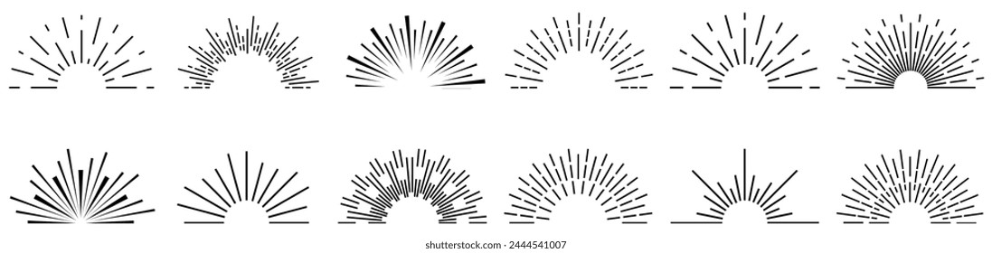 Symbol für Sonnenausbruch. Die Sonne platzte aus Strichen. Retro-Logo des Halbkreises mit radialen Strahlen. Grafischer Ausbruch von Sonnenschein. Starburst mit Sonnenaufgang. Klassische Elemente und Funken für abstraktes Design.