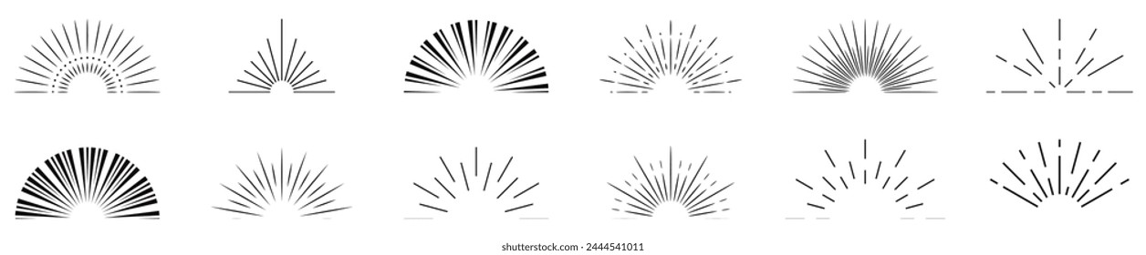 Icono de Sunburst. El sol reventó con las líneas. Logo retro de medio círculo con rayos radiales. Ráfaga gráfica de luz solar. Estallido con salida del sol. Elementos y chispas de Antiguas para el diseño abstracto.