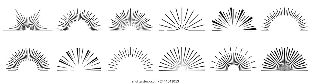 Icono de Sunburst. El sol reventó con las líneas. Logo retro de medio círculo con rayos radiales. Ráfaga gráfica de luz solar. Estallido con salida del sol. Elementos y chispas de Antiguas para el diseño abstracto.