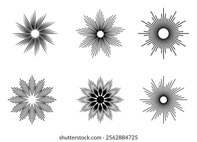 Sunburst icon, vector. Radial Sunburst emblem. Collection of sun rays design. Radial circle, Sunrise and sunset icon concept. Vector illustration.