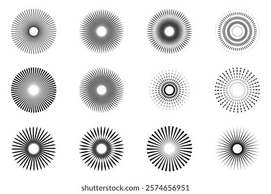  Sunburst icon. Vintage sunburst Fireworks design isolated. Retro Sunburst icon set. Monochrome fireworks vector illustration material. Radial Sunburst element. Vector illustration. 