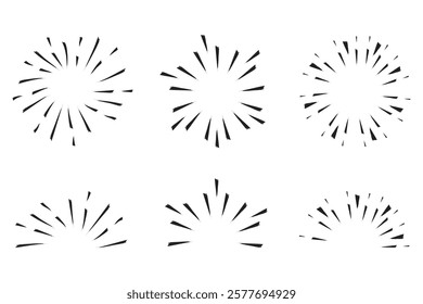 Sunburst icons set. Radial burst group. Simple black shapes. Vector accent graphics.