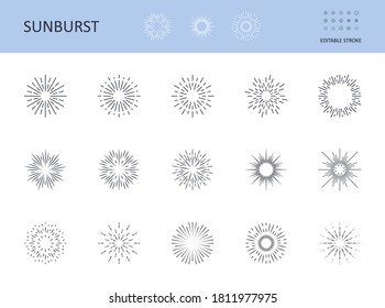 Iconos de Sunburst. Símbolos vectores sol con rayos. Trazo editable. Logo circular con líneas radiales. Sunrise, starburst abstract design elementos. Líneas brillantes en el horizonte