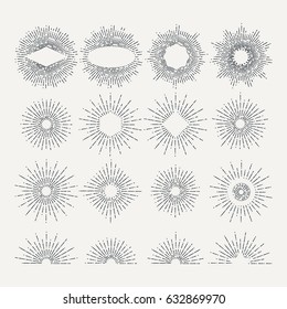 Sunburst illustrations set. Circle shapes design elements. Vector pictures