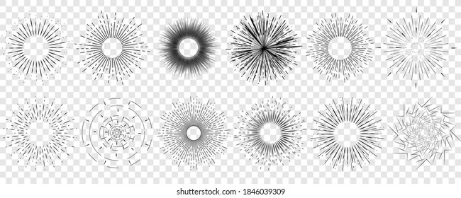 Sunburst ink hand drawn vector set. Vintage and hipster sun rays frames collection. Star, firework explosion, logo, emblem, tag. Web banner. Vector Illustration