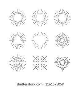 Sunburst ink vector set. Vintage and hipster sun rays frames collection. 
