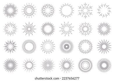 Sunburst isolated graphic elements set in flat design. Bundle of abstract round contour of sun or line firework explosions shapes, geometric light flash symbols for decoration. Vector illustration.