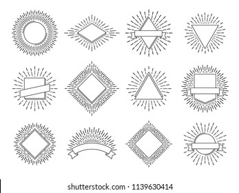 Sunburst Labels. Retro Sun Rays Logos. Vintage Sunburst Heraldic Sunrise Emblem With Circle Lines Frame Or Starburst Sunshine Firework Ray Icon. Sun Burst Spark Vector Logo Line Isolated Symbol Set