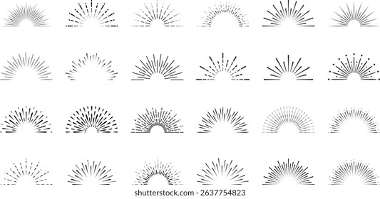 Sunburst line collection. Vintage isolated bursting sun rays fireworks and sunset set vector.