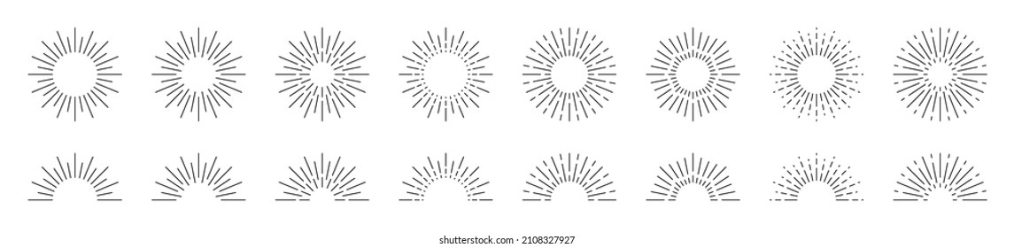Sunburst line icon set. Isolated sunshine and sunrise signs on white background. Vector illustration. Collection