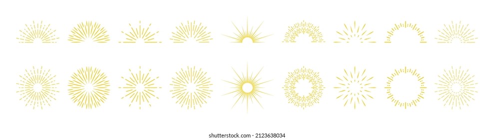 Sunburst lines. Yellow brush sunburst circles and half circles. Sparks and rays of stars and burst sun. Retro elements of sunshine. Icons of sunset or sunrise. Vector. svg