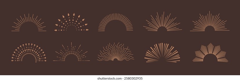 Sunburst logo clipart set. Vintage half sunburst clip art icon and symbol collection with radial sunset sunrays vector illustration in dark background.
