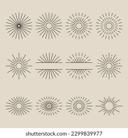 Sunburst logo set, emblems and icons, with line art logo vector symbol illustration
