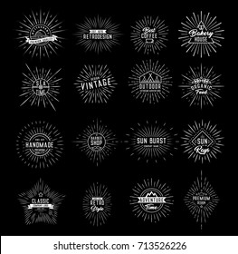 Sunburst logo set, emblems and icons on a black background