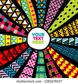 Sunburst made of patchwork fabric with ethnic motifs and round frame for your text