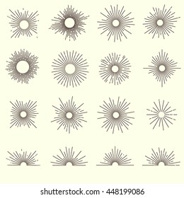 Sunburst monochrome design collection with rounds of different size short and long rays semicircles isolated vector illustration 