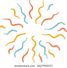 A sunburst motif is depicted using wavy, crayon-like strokes.  Bright, playful lines radiate outwards from a central point creating a vibrant burst of energy. Cartoon vector illustration