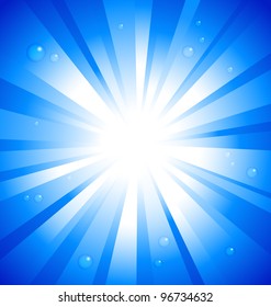 Sunburst on blue background with water drops