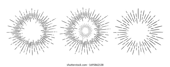 Sunburst on white background. Retro rays in retro vintage hand drawn style. Vector illustration. Linear drawing of rays of the sun in vintage style.