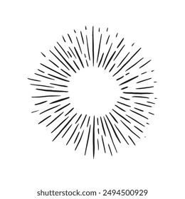 Sunburst on white background. Retro rays in retro vintage hand drawn style. Vector illustration. Linear drawing of rays of the sun in vintage style.