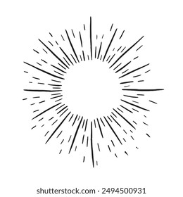 Sunburst sobre fondo blanco. Rayos retro en estilo retro vintage dibujado a mano. Ilustración vectorial. Dibujo lineal de los rayos del sol en estilo vintage.