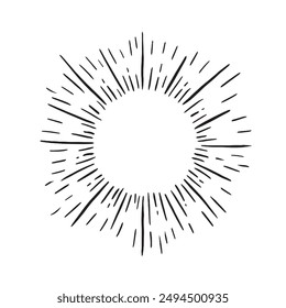 Sunburst on white background. Retro rays in retro vintage hand drawn style. Vector illustration. Linear drawing of rays of the sun in vintage style.