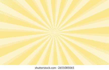 Padrão de explosão solar com pontos. Plano de fundo amarelo de sunburst. Fundo radial dos raios solares. Estrela explodindo estouro japonês rádio desenho animado padrão de fundo abstrato.