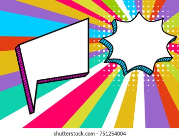 Sunburst picture blank template pop art style comic text speech bubble halftone dot radial background. Comics book dialog empty cloud, cartoon box pop-art. Creative idea conversation sketch explosion