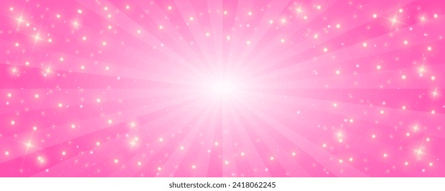 Sunburst pink background. Cartoon radial light backdrop. Retro comic pattern with rays and sparkles and stars. Vector wallpaper.