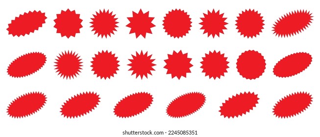 Sunburst promotion tag, bursting sticker promo badges, starburst speech bubbles. Explosion star button vector illustration.