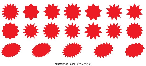 Sunburst promotion tag, bursting sticker promo badges, starburst speech bubbles. Explosion star button vector illustration.