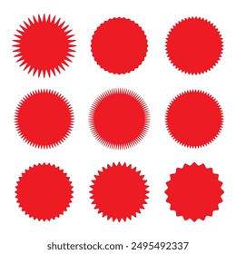 Sunburst promotion tag, bursting sticker. Set of red starburst icon isolated on white background.