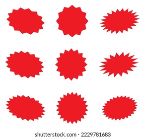 Sunburst promotion tag, starburst red speech bubbles, bursting sticker promo badges. Explosion star button vector illustration.