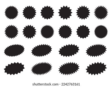 Sunburst promotion tag, starburst speech bubbles, bursting sticker promo badges. Explosion star button vector illustration.